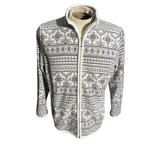 Karen Scott Sport Fleece Jacket Women’s L White Gray Fair Isle Full Zip Cozy